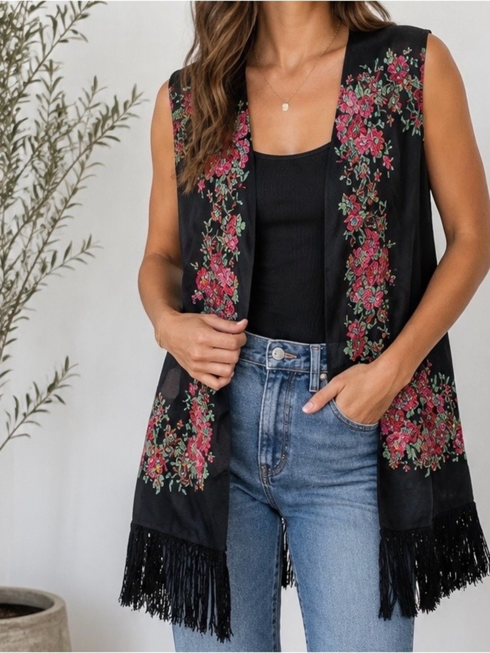 Petticoat Alley black vest with rose design and fringe size L